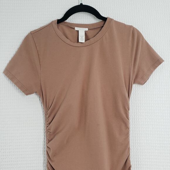Full Tilt Ruched Mini Dress Womens Small Brown Stretch Bodycon Short Sleeve - Picture 3 of 16